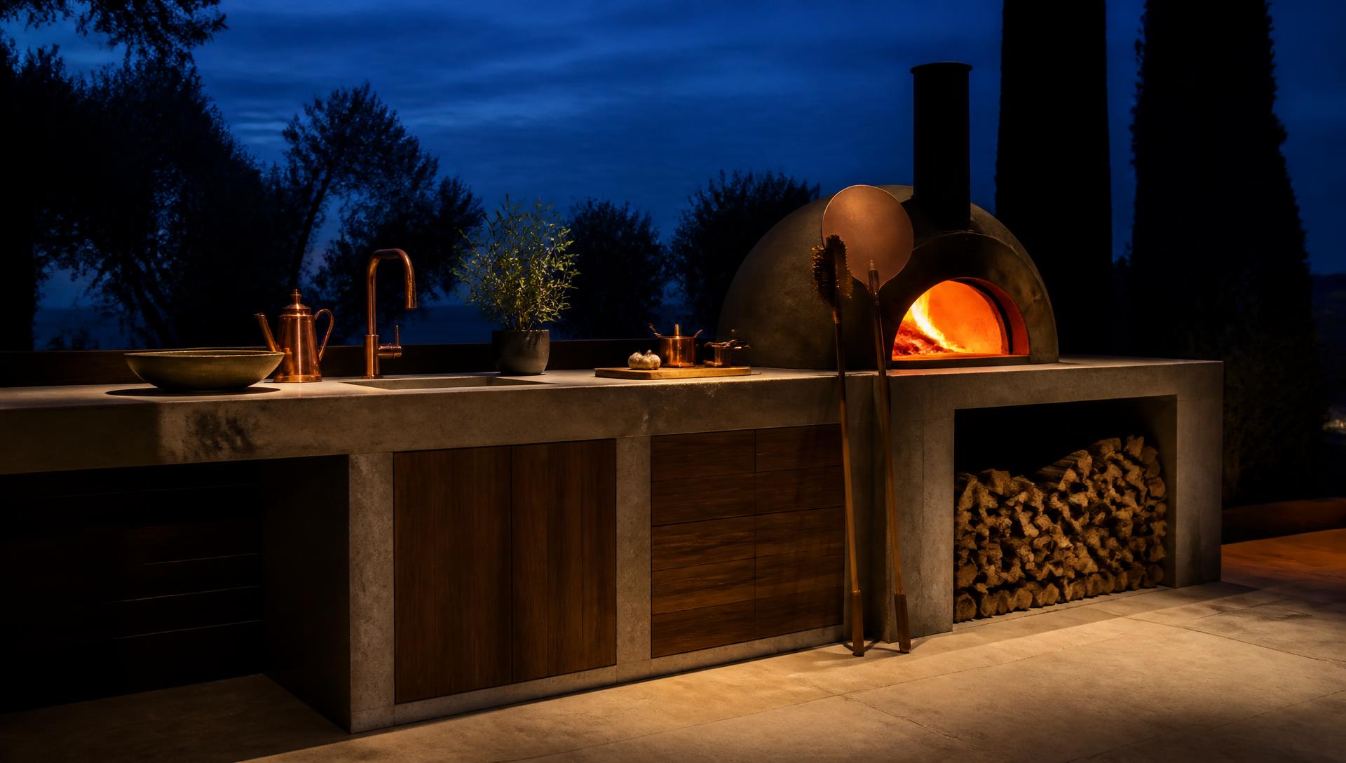 An outdoor kitchen island with a wood-fired oven at dusk